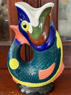 Vintage Wade Gluggle Jug Fish Pitcher Multicolor Ceramic England Gurgle Vase